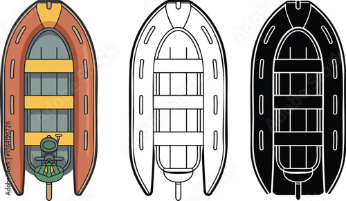 Inflatable boat silhouette & Outline and illustration set isolated on transparent background