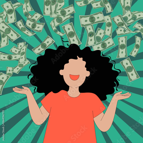 A joyful girl is depicted with her arms outstretched among floating dollar bills, representing success, financial freedom, and the excitement that comes with achieving one's goals.