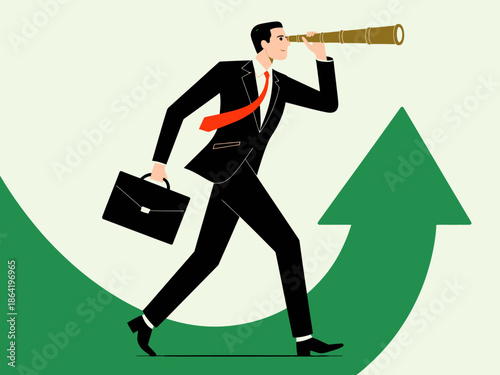 A poised businessman uses a telescope to envision future success while walking confidently with a briefcase. Represents ambition and forward-thinking in business.