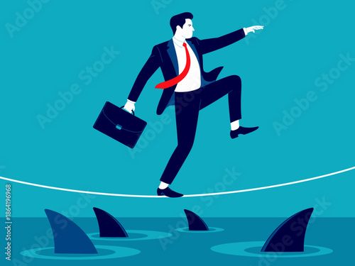 A businessman precariously balances on a tightrope above lurking sharks, symbolizing the risks involved in the business world and the need for careful navigation.