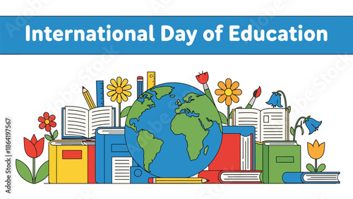 International Day of Education vector design showing globe surrounded by books, stationery, and plants, modern flat illustration promoting global access to education and learning equality