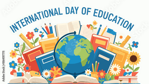 International Day of Education vector design showing globe surrounded by books, stationery, and plants, modern flat illustration promoting global access to education and learning equality