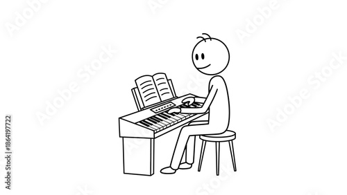Focused Stick Figure Person Playing an Electronic Keyboard while Reading Sheet Music, on Isolated White Background.