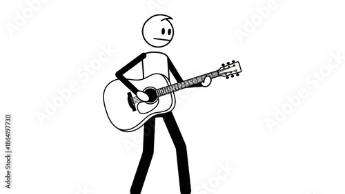 Focused Stick Figure Man Playing Acoustic Guitar with a Dedicated Expression, Standing on Isolated White Background.
