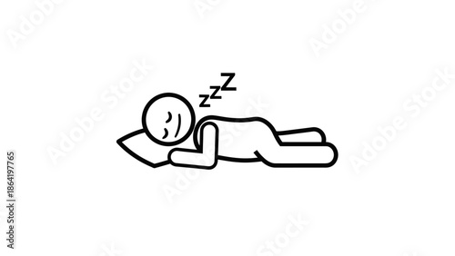Relaxed Stick Figure Person Sleeping Peacefully on a Pillow, Resting on Isolated White Background.