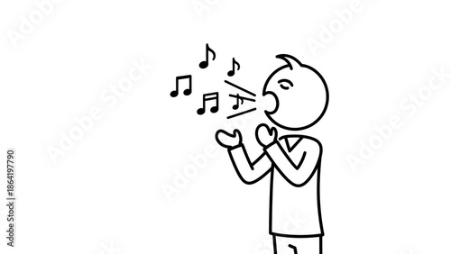 Happy Stick Figure Person Whistling a Cheerful Tune with Musical Notes, Enjoying Music, Isolated White Background
