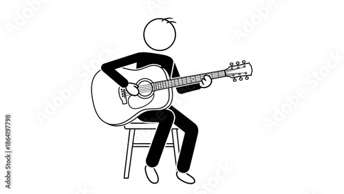 Relaxed Stick Figure Man Playing Acoustic Guitar while Sitting on a Stool, Focused on Music on Isolated White Background.