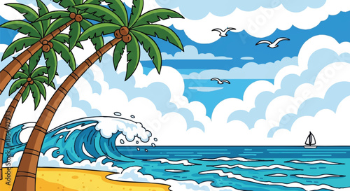 Tropical beach vector illustration featuring vibrant palm trees, dynamic ocean waves, a cloudy blue sky, and a lone sailboat traveling across the horizon.