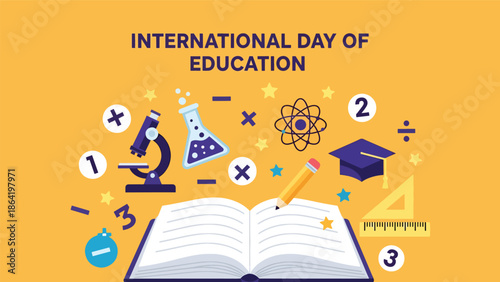 International Day of Education poster with open book and floating education icons, numbers, and stars, playful flat vector design celebrating creativity and knowledge development
