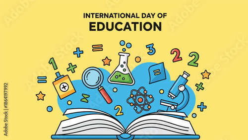International Day of Education poster with open book and floating education icons, numbers, and stars, playful flat vector design celebrating creativity and knowledge development
