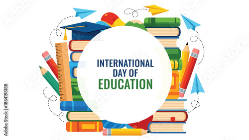 International Day of Education banner with books, rulers, pencils, and paper planes forming circular frame, clean flat vector design with copy space for messaging