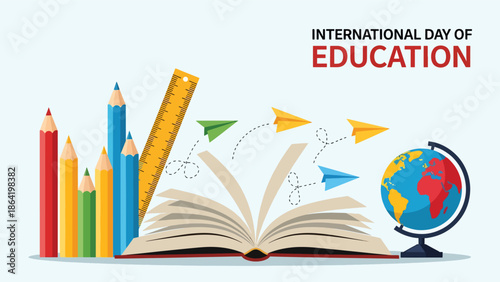 International Day of Education illustration showing globe rising from open book with learning icons and plants, flat vector design symbolizing growth through education worldwide.