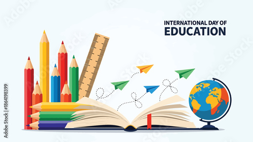 International Day of Education illustration showing globe rising from open book with learning icons and plants, flat vector design symbolizing growth through education worldwide.