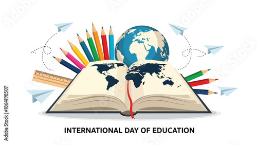 International Day of Education illustration showing globe rising from open book with learning icons and plants, flat vector design symbolizing growth through education worldwide.