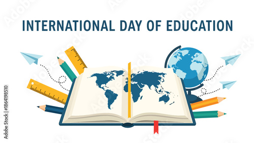 International Day of Education illustration showing globe rising from open book with learning icons and plants, flat vector design symbolizing growth through education worldwide.
