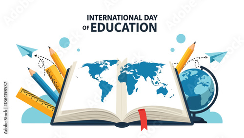 International Day of Education illustration showing globe rising from open book with learning icons and plants, flat vector design symbolizing growth through education worldwide.