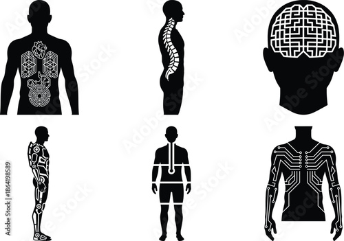 Transhumanism Icon Set: Futuristic Bio-Monitoring, Health Data, and Vital Signs Display