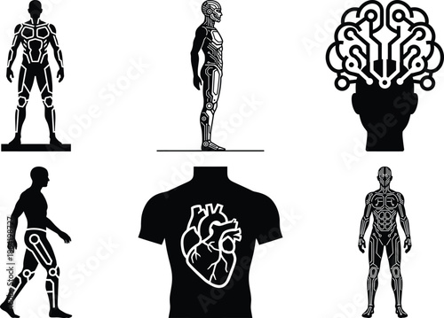 Transhumanism Data & Analytics Icons: AI Processing, Futuristic UI, and Information Visualization