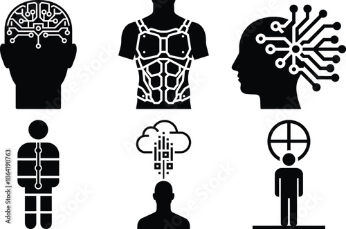 Biohacking Cybernetic Hero & Cognitive Expansion Icons Bundle � Enhanced Sensory Headset, Full Body Integration, Neural Command Center, Performance Apex