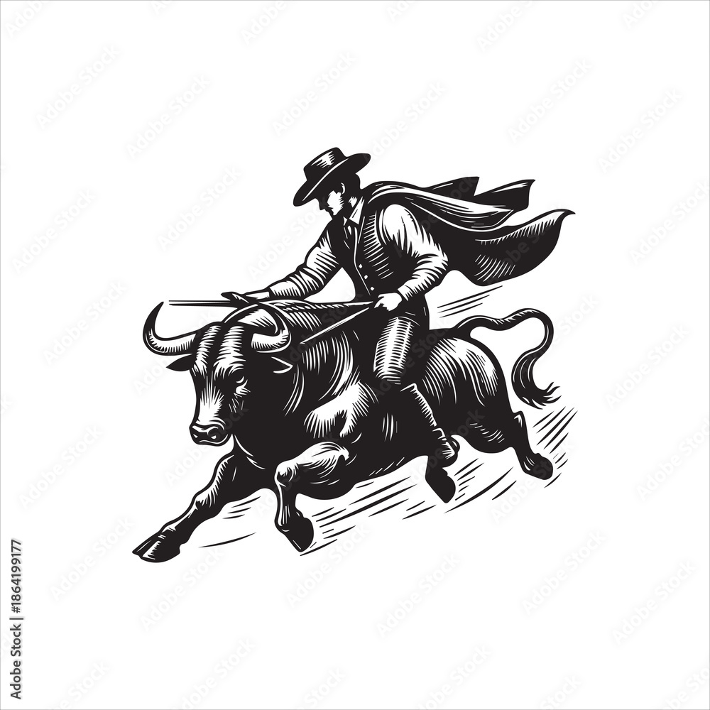 Fototapeta premium A black and white vector illustration of a cowboy riding a charging bull with a cape flowing behind him on a plain white background.