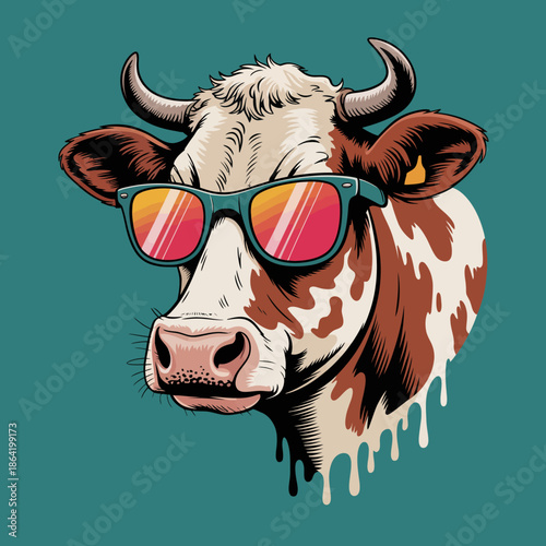 A whimsical cow illustration wearing stylish sunglasses captures a playful and fun vibe, blending humor with an artistic approach to everyday subject matter.