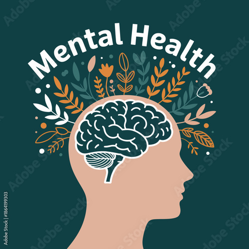 An artistic representation of mental health features a profile with a brain and floral elements, symbolizing emotional well-being, self-care, and the importance of mental wellness.