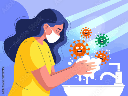 A woman in a mask is diligently washing her hands at a sink, visually emphasizing the importance of hygiene in combating viruses during health crises.