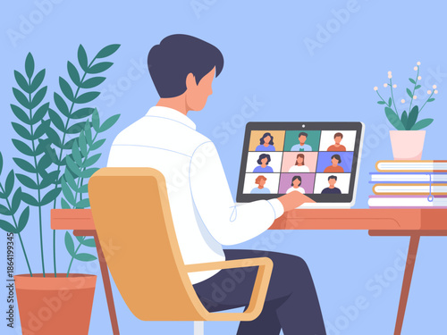 A modern workspace shows a person participating in a video call, depicting a blend of technology and human interaction in contemporary remote work environments.