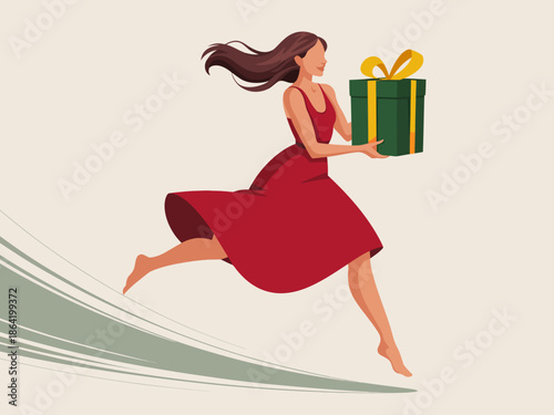 This dynamic illustration features a woman in a flowing red dress joyfully running while holding a beautifully wrapped gift box, embodying the spirit of celebration and surprise.