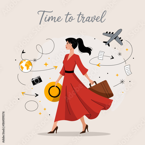 This stylish illustration captures a woman in a red dress walking confidently with a suitcase, symbolizing the excitement of travel and the adventure that awaits her.