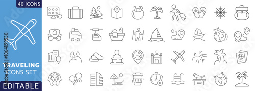 traveling line icon set. Contain icons related to holiday recreation, vacation, leisure, entertainment,  traveling, tourism, and more. Fully Editable. Vector illustration.
