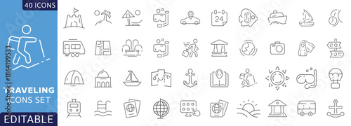 traveling line icon set. Contain icons related to holiday recreation, vacation, leisure, entertainment,  traveling, tourism, and more. Fully Editable. Vector illustration.