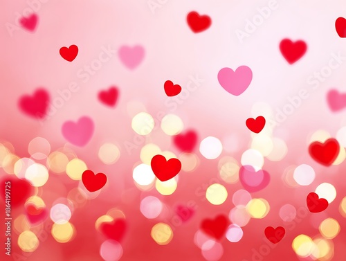 Romantic red hearts falling with a dreamy pink bokeh background for valentine's day