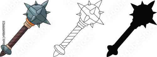 Mace silhouette & Outline and illustration set isolated on transparent background