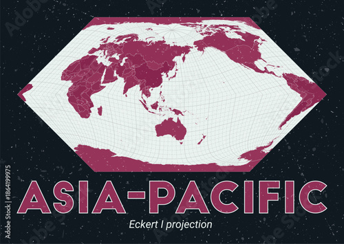 Asia-Pacific. World map. Eckert I projection centered to Asia-Pacific. Pale Mint Dark Pink palette. Vintage texture. Classic vector illustration.
