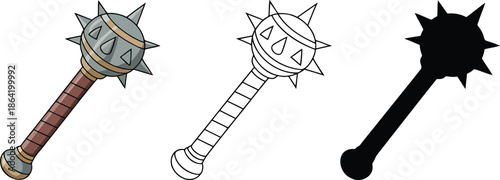 Mace silhouette & Outline and illustration set isolated on transparent background