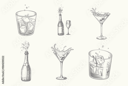 engraving vector illustration Cocktails alcoholic daiquiri, old fashioned, manhattan, martini, sidecar glass hand drawn. Eps 10
