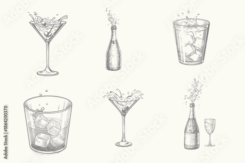 Sketch glass alcoholic daiquiri, old fashioned, manhattan, martini, sidecar glass hand drawn engraving vector illustration. Eps 10