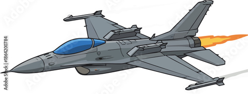 Cartoon F-16 Fighting Falcon fighter jet with fiery afterburner flames