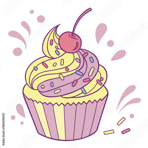 Sweet Stylized Cupcake with Swirl Frosting Vector Dessert Illustration