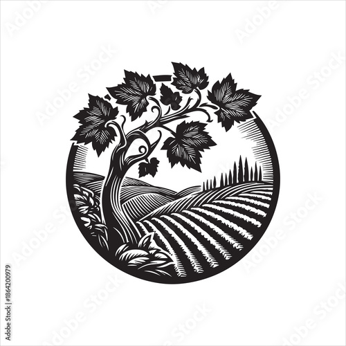 Black and white vector illustration of a grapevine tree in a circular frame with a vineyard landscape and rolling hills in the background.
