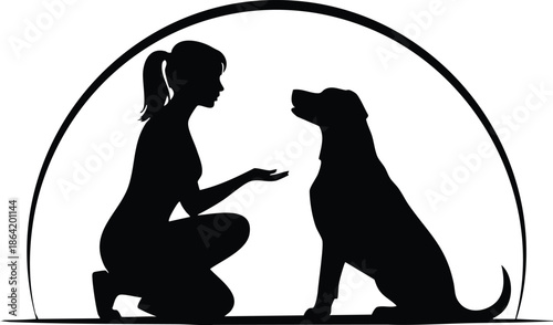Silhouette of a Woman Kneeling with a Dog, Black and White Icon of Pet Training, Girl and Sitting Dog Under a Circular Arch, Heartwarming Moment with a Loyal Pet, silhouette, illustration, vector.