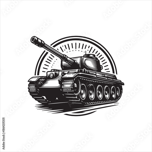 Vector illustration of a tank with a raised cannon in front of a circular design on a white background.