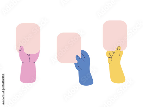 Hands of different colors hold signs