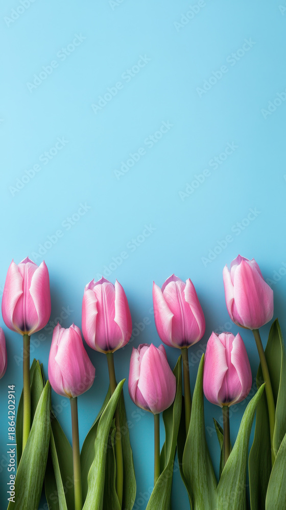 Fototapeta premium Pink tulips on blue minimal background