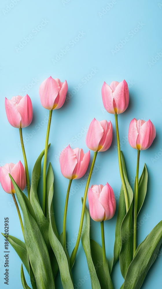 Fototapeta premium Pink tulips on blue minimal background