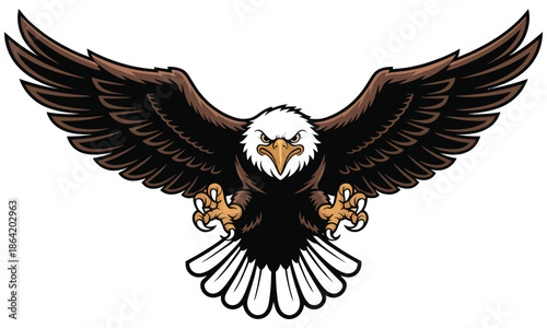 bald eagle with brown wings spread wide and talons extended on a white background, a top ranked vector illustration showcasing majestic bird of prey, patriotic themes, and wildlife design concepts.