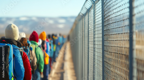 A diverse group of people walking along a chain-link fence in a remote area, symbolizing migration and hope for a better future.