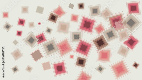 Abstract pattern of scattered squares with concentric layers in pink and grey tones