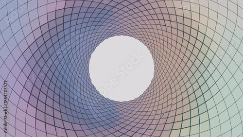Abstract swirling grid tunnel with a vibrant pastel color gradient leading to a central light